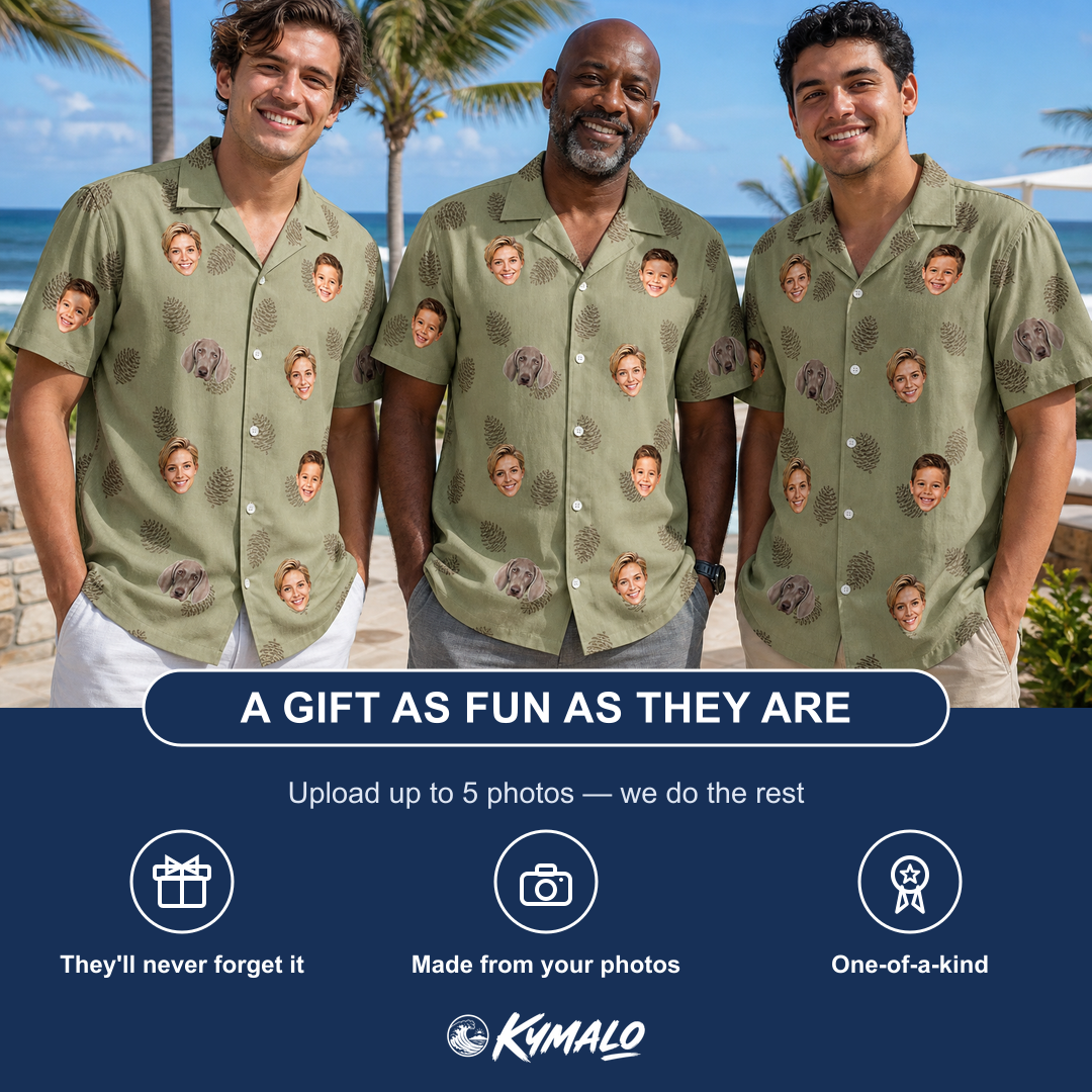 Friends in matching Men's Cone Carolers Custom Face Hawaiian Shirt — a group gift photo