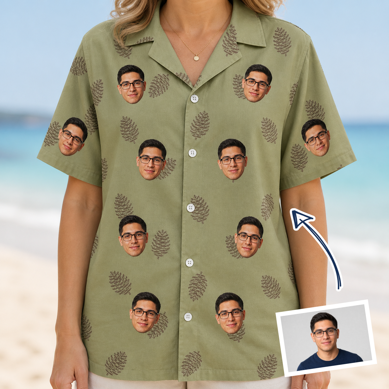 Woman wearing Women's Cone Carolers Custom Face Hawaiian Shirt — custom faces printed all-over