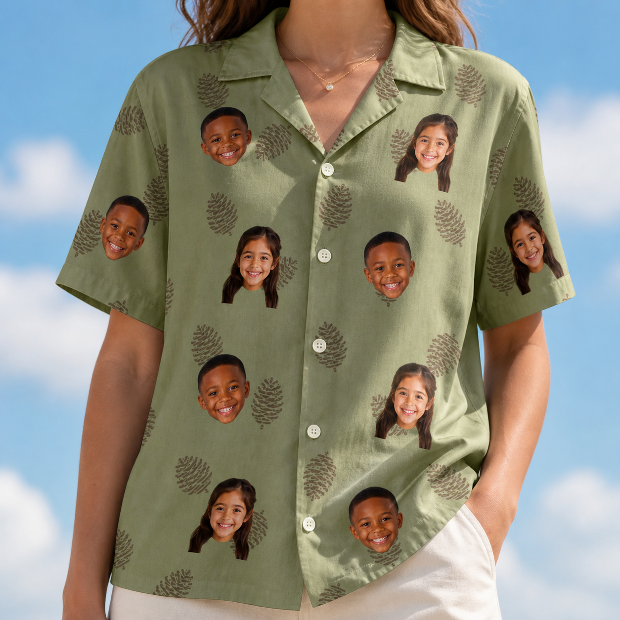 Model wearing Women's Cone Carolers Custom Face Hawaiian Shirt printed with kids' faces