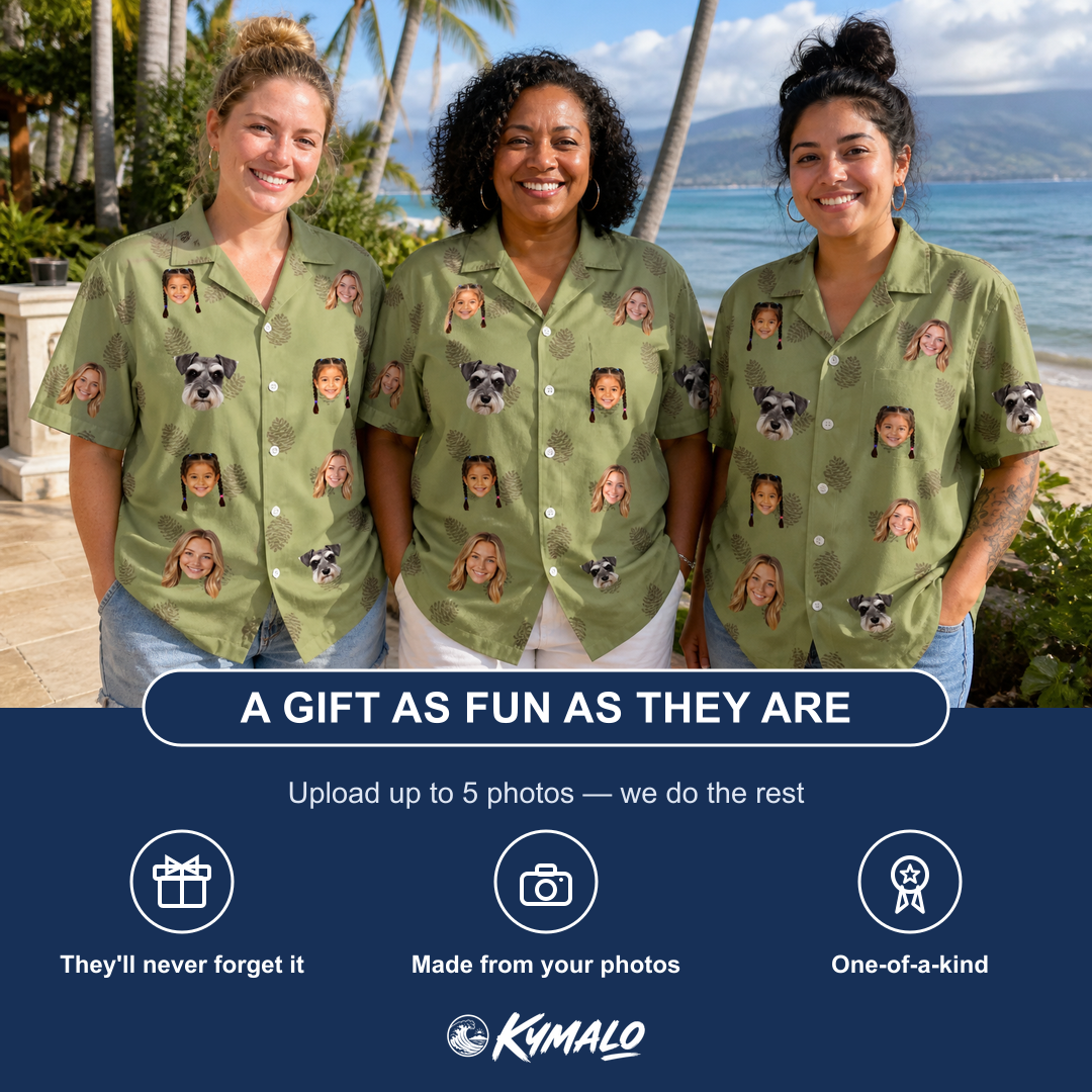 Friends in matching Women's Cone Carolers Custom Face Hawaiian Shirt — a group gift photo