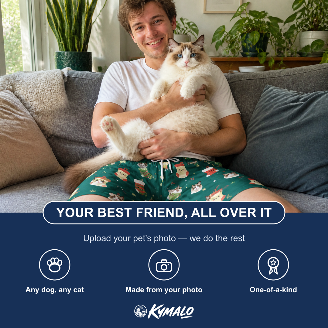 Friends in matching Men's Chimney Cheer Custom Cat Face Beach Shorts — a group gift photo