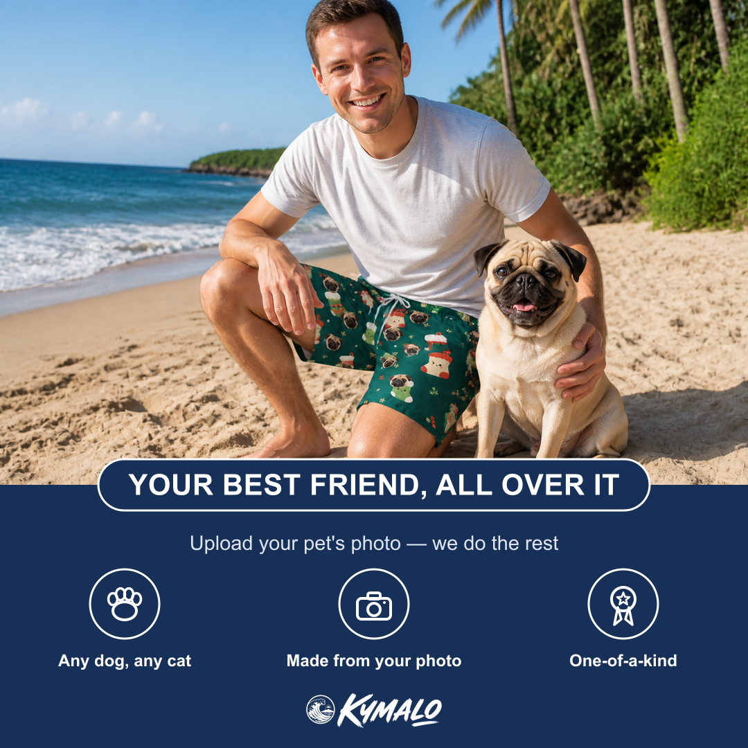 Friends in matching Men's Chimney Cheer Custom Dog Face Beach Shorts — a group gift photo