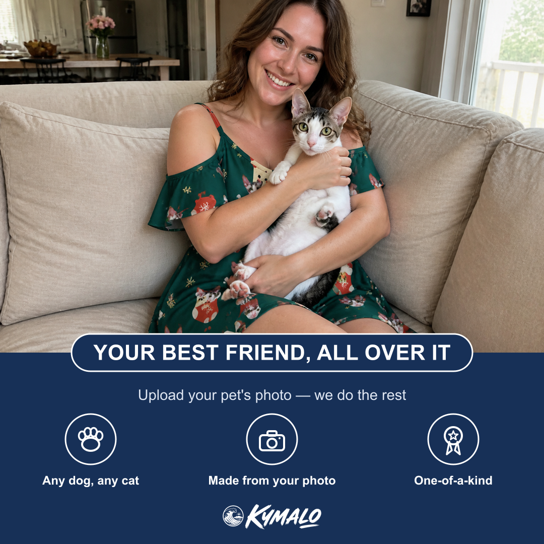 Friends in matching Women's Chimney Cheer Custom Cat Face Off-Shoulder Dress — a group gift photo