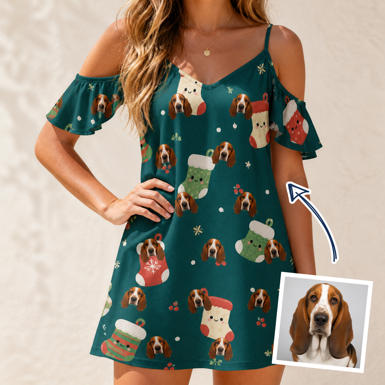 Woman wearing Women's Chimney Cheer Custom Dog Face Off-Shoulder Dress — custom faces printed all-over