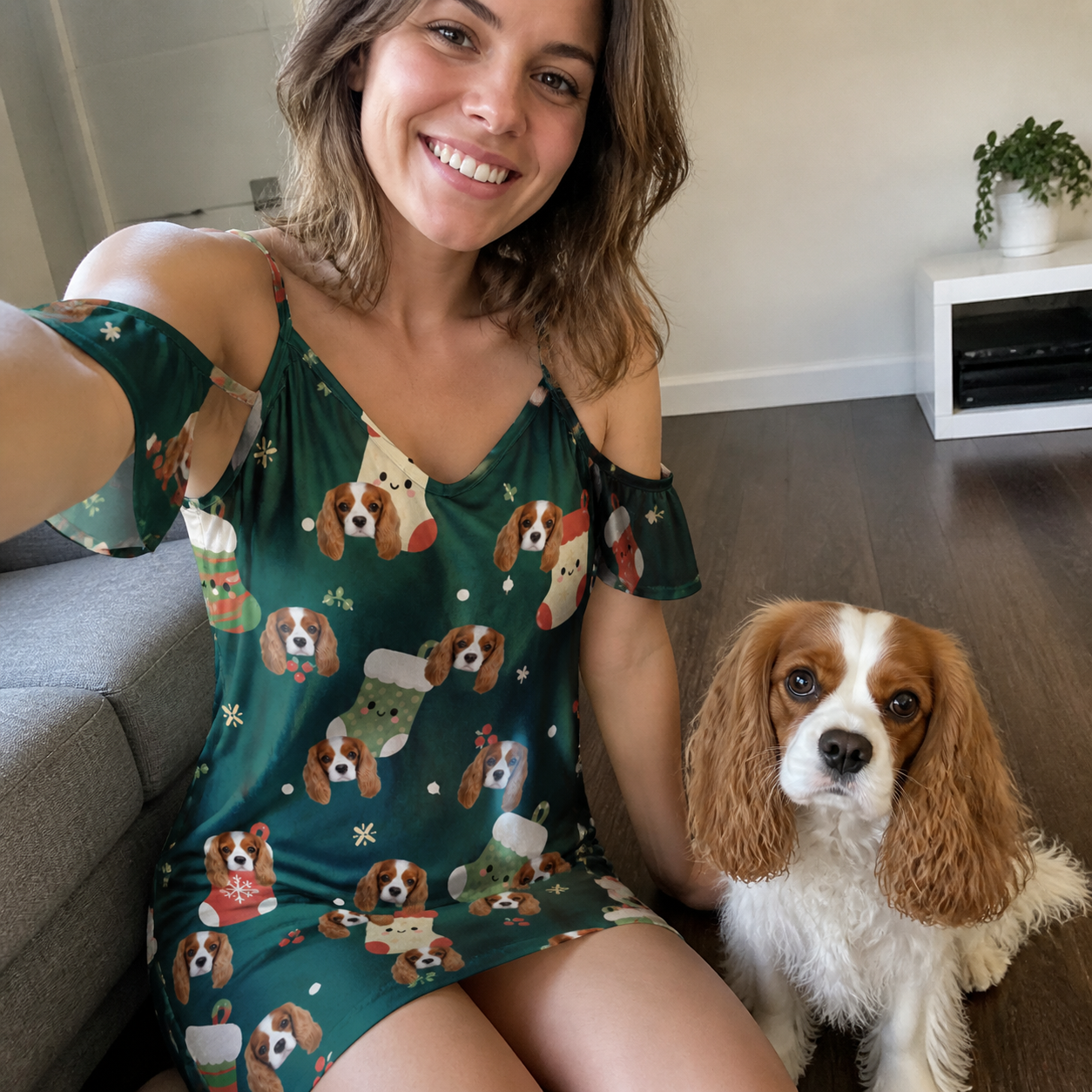 Selfie with the pet whose face is printed all over this Women's Chimney Cheer Custom Dog Face Off-Shoulder Dress