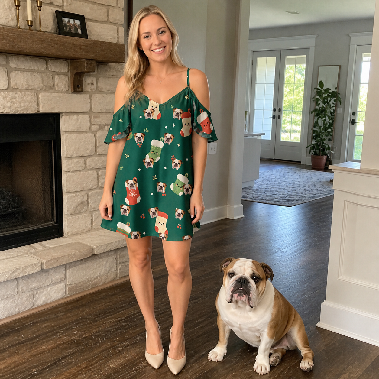 Full-length photo with the pet printed all over this Women's Chimney Cheer Custom Dog Face Off-Shoulder Dress