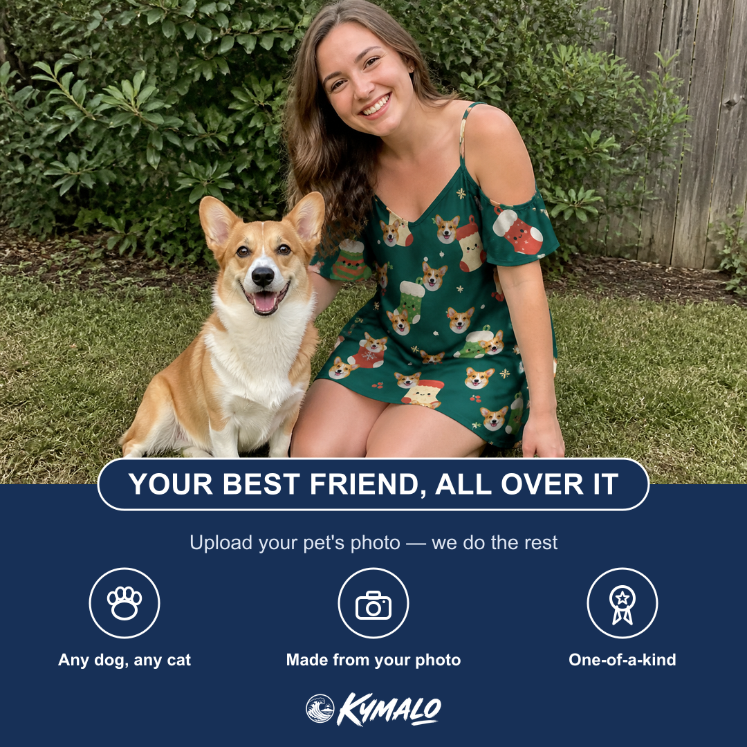 Friends in matching Women's Chimney Cheer Custom Dog Face Off-Shoulder Dress — a group gift photo