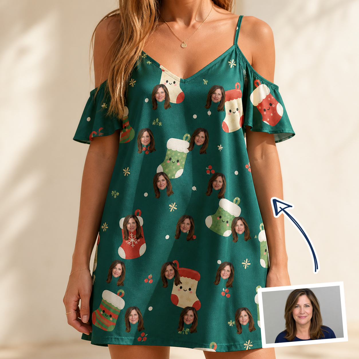 Woman wearing Women's Chimney Cheer Custom Face Off-Shoulder Dress — custom faces printed all-over