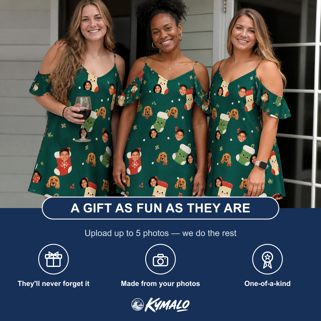 Friends in matching Women's Chimney Cheer Custom Face Off-Shoulder Dress — a group gift photo