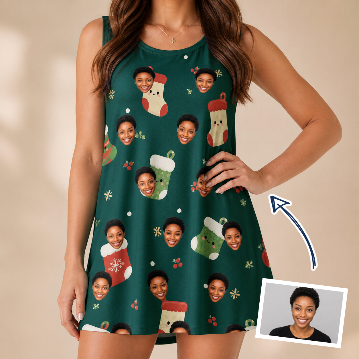 Woman wearing Women's Chimney Cheer Custom Face Tank Dress — custom faces printed all-over