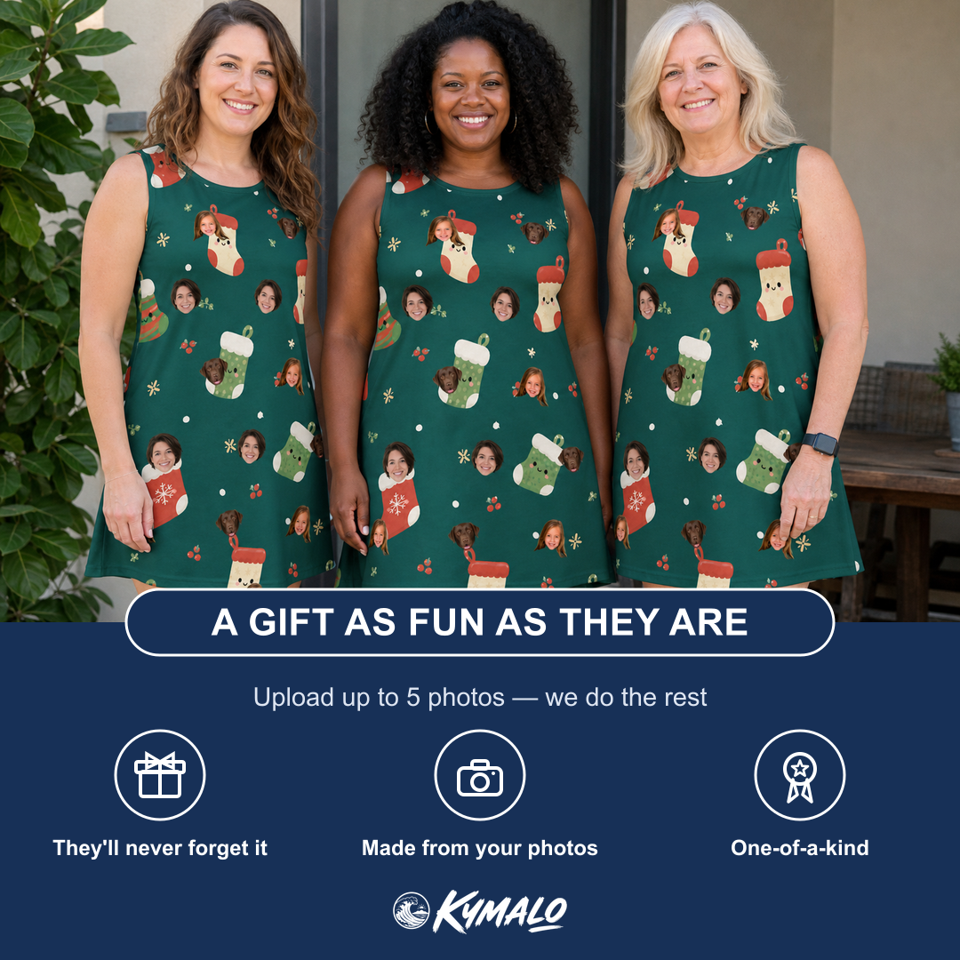 Friends in matching Women's Chimney Cheer Custom Face Tank Dress — a group gift photo