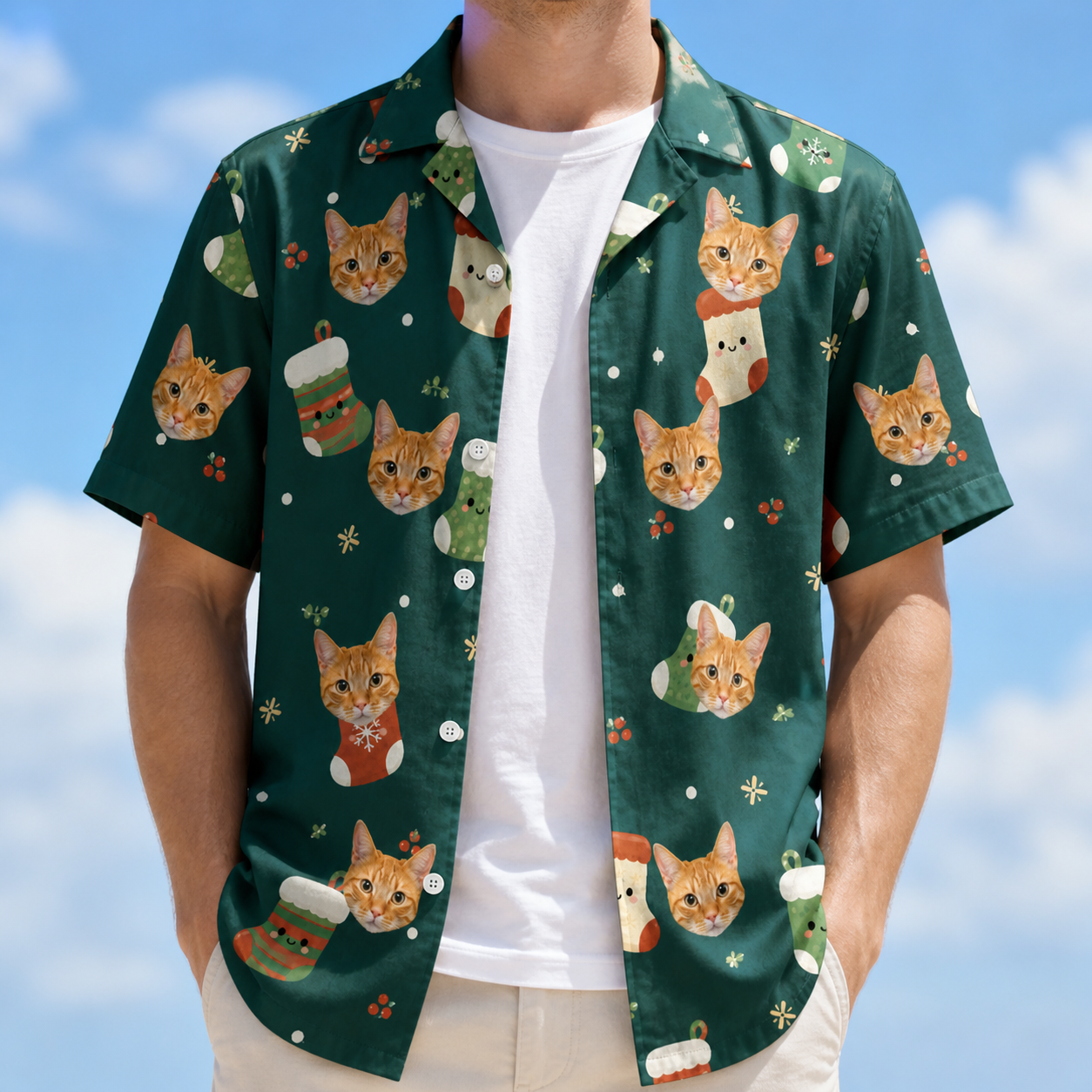 Man wearing Men's Chimney Cheer Custom Cat Face Hawaiian Shirt open over a white tee