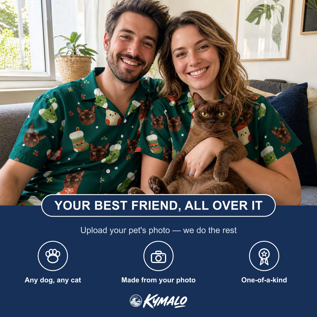 Friends in matching Men's Chimney Cheer Custom Cat Face Hawaiian Shirt — a group gift photo
