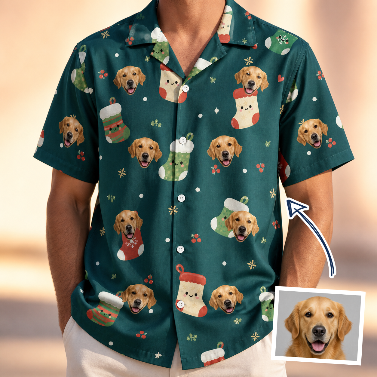 Man wearing Men's Chimney Cheer Custom Dog Face Hawaiian Shirt — custom faces printed all-over