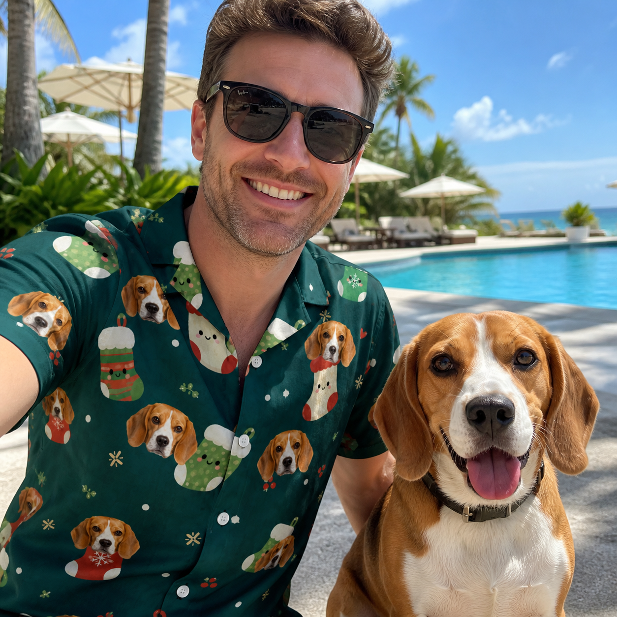 Selfie with the pet whose face is printed all over this Men's Chimney Cheer Custom Dog Face Hawaiian Shirt