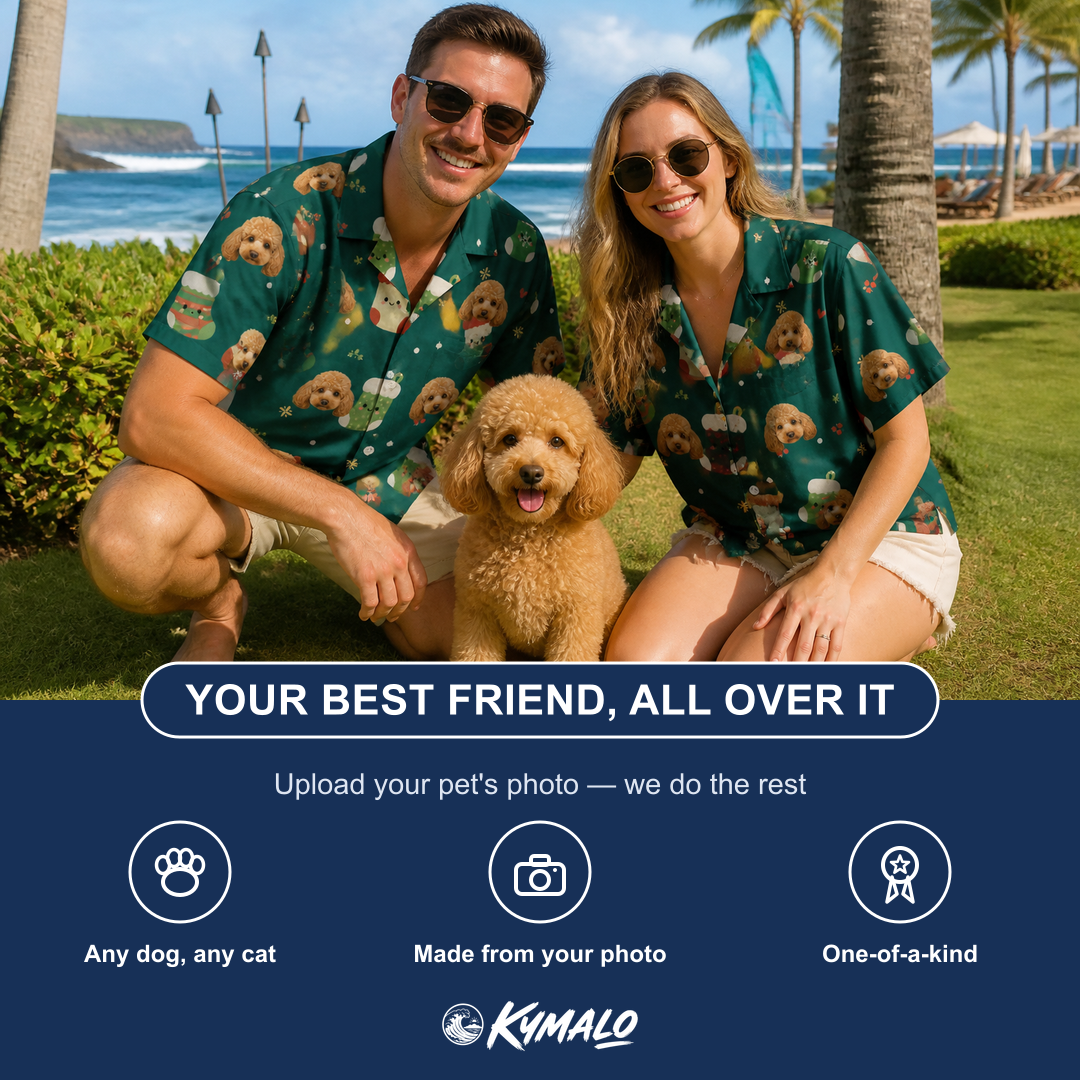 Friends in matching Men's Chimney Cheer Custom Dog Face Hawaiian Shirt — a group gift photo
