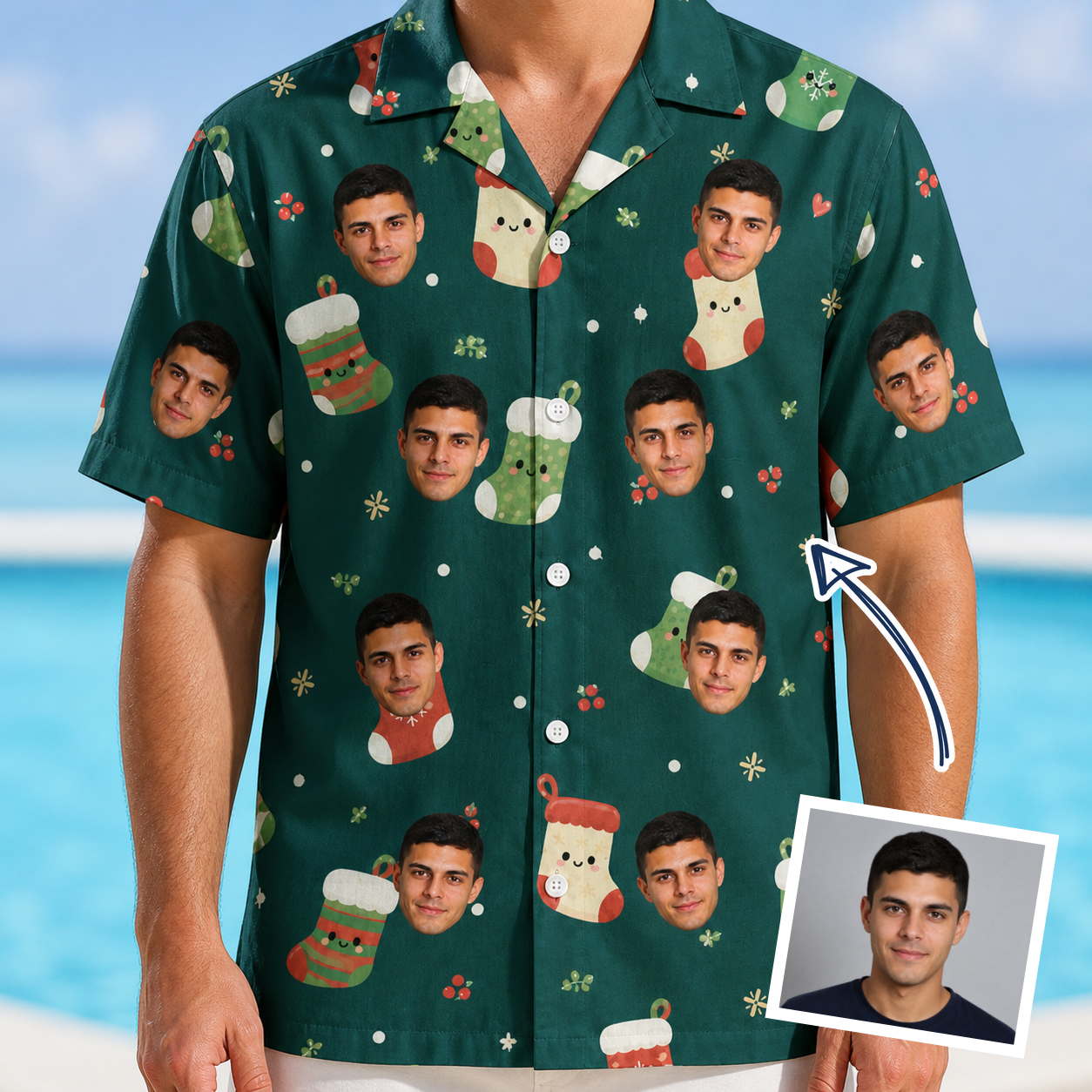 Man wearing Men's Chimney Cheer Custom Face Hawaiian Shirt — custom faces printed all-over