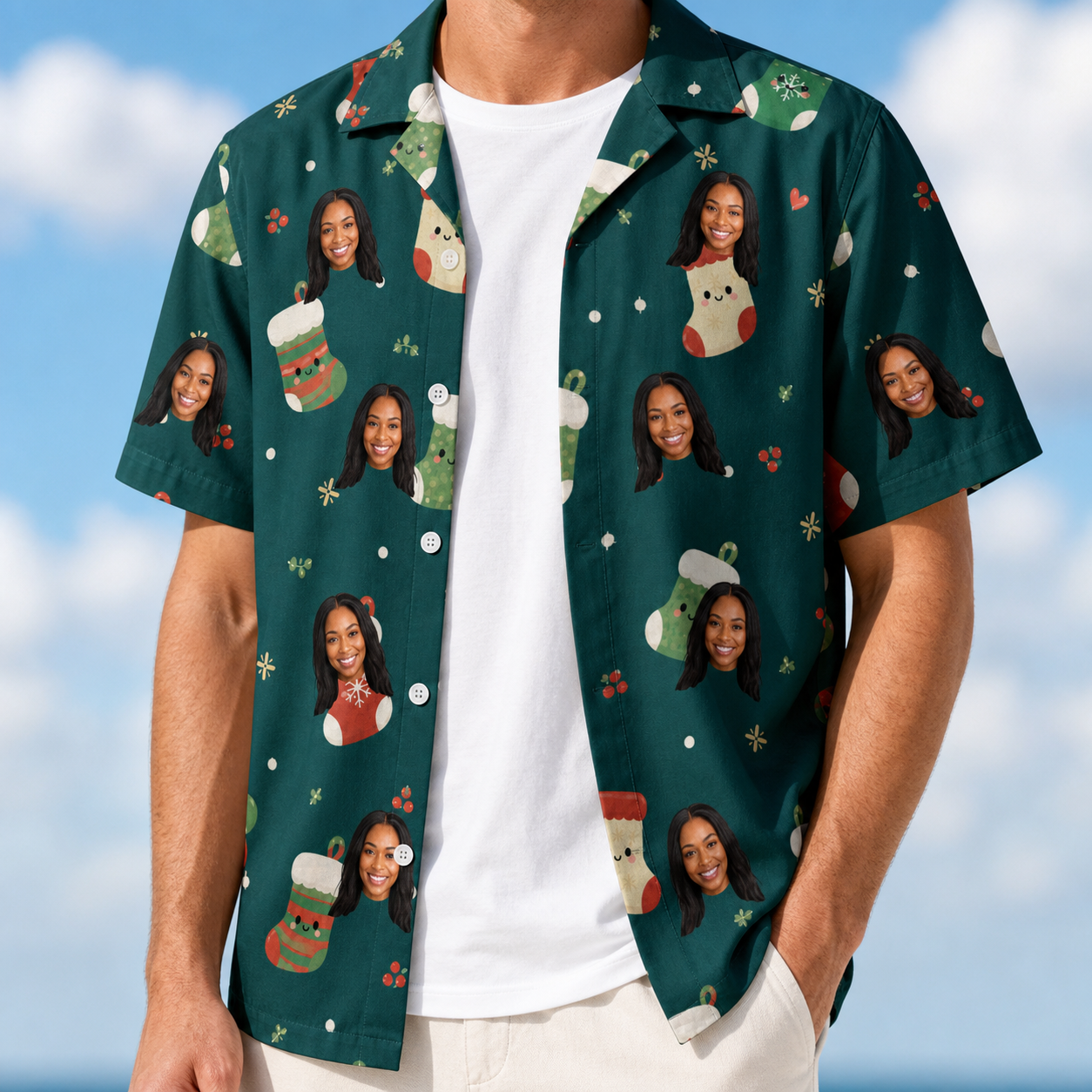 Man wearing Men's Chimney Cheer Custom Face Hawaiian Shirt open over a white tee