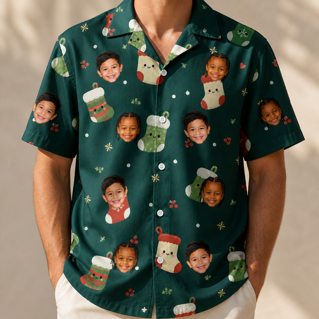 Model wearing Men's Chimney Cheer Custom Face Hawaiian Shirt printed with kids' faces