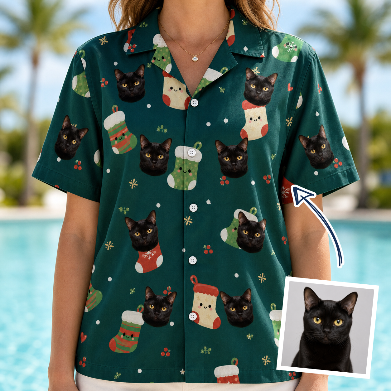 Woman wearing Women's Chimney Cheer Custom Cat Face Hawaiian Shirt — custom faces printed all-over