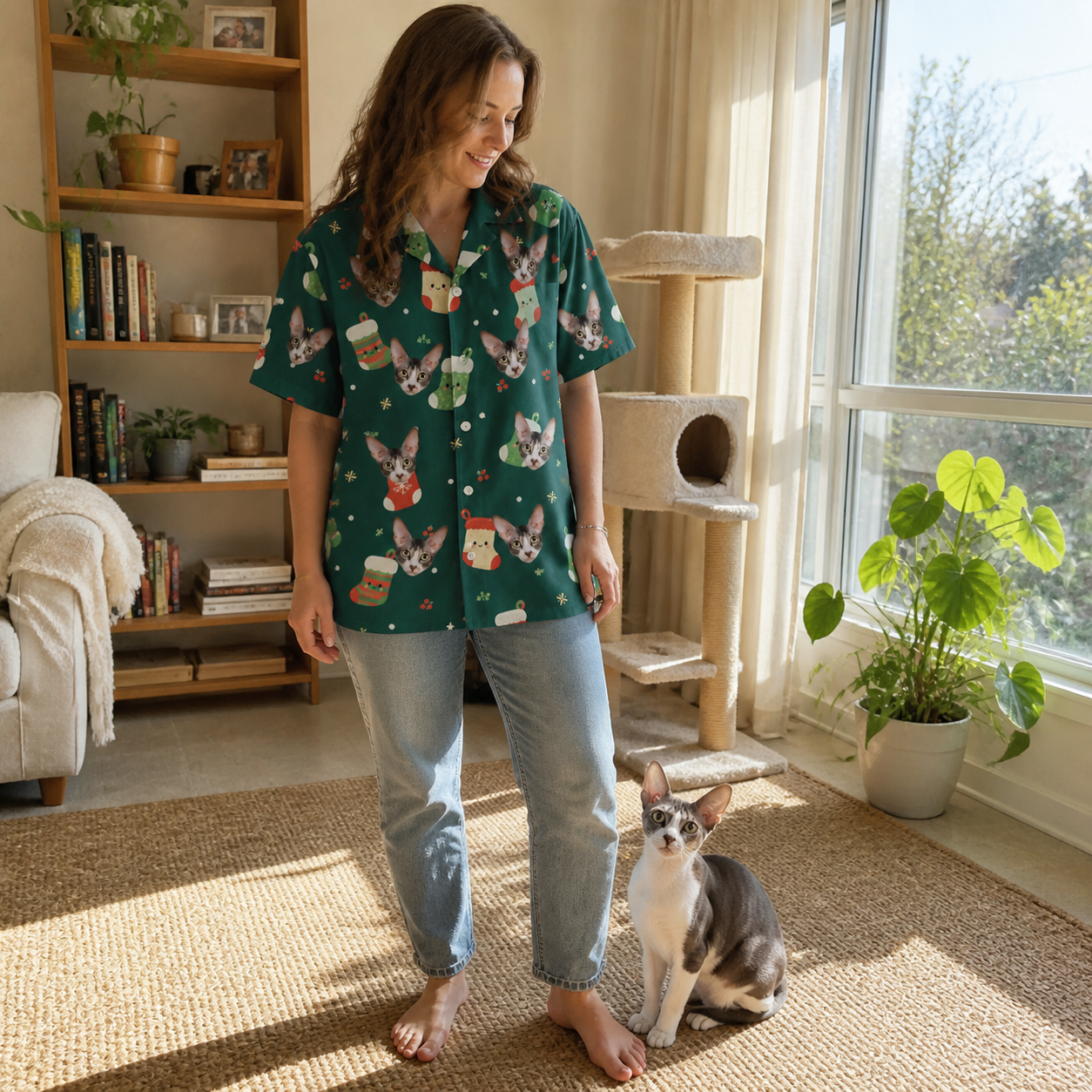 Full-length photo with the pet printed all over this Women's Chimney Cheer Custom Cat Face Hawaiian Shirt