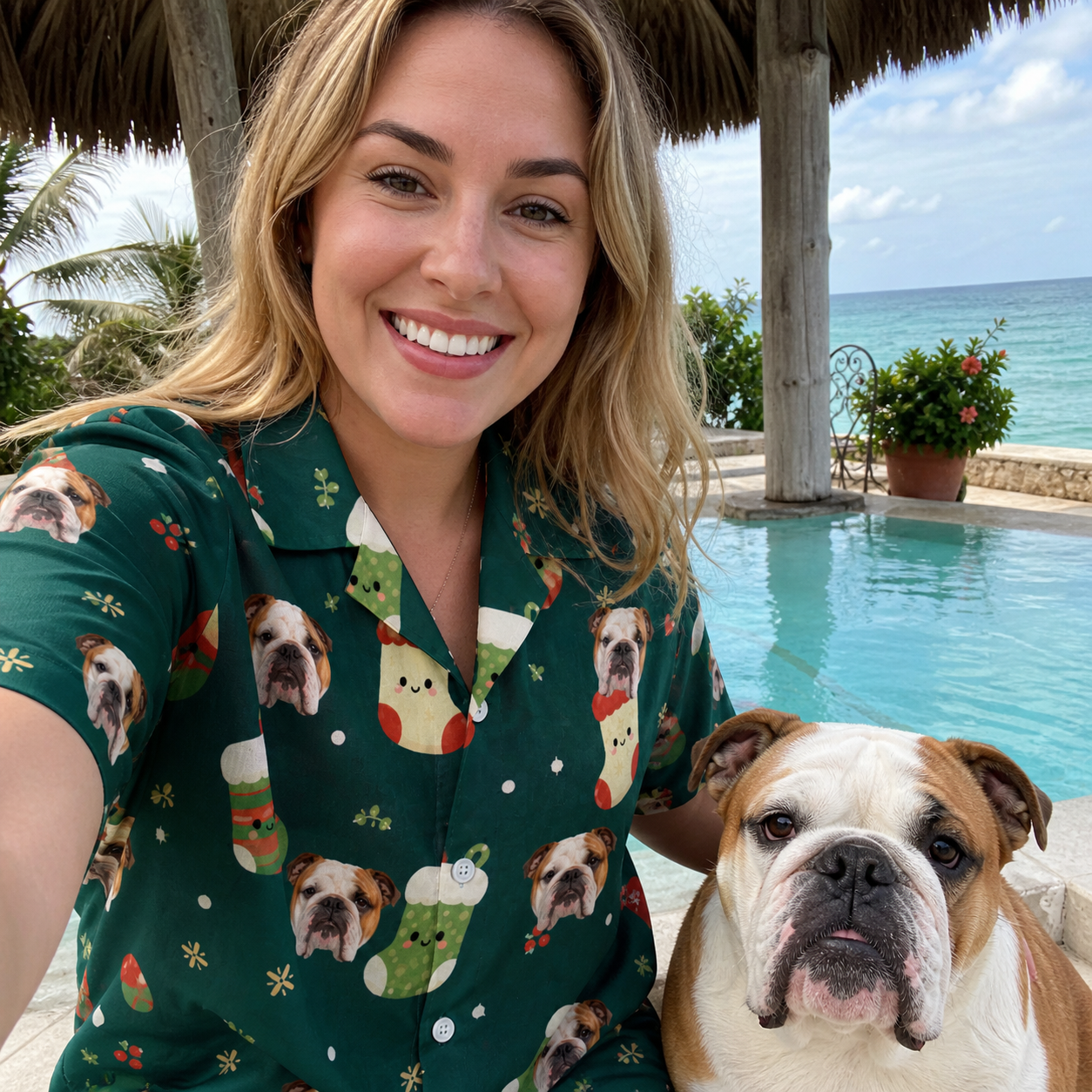 Selfie with the pet whose face is printed all over this Women's Chimney Cheer Custom Dog Face Hawaiian Shirt