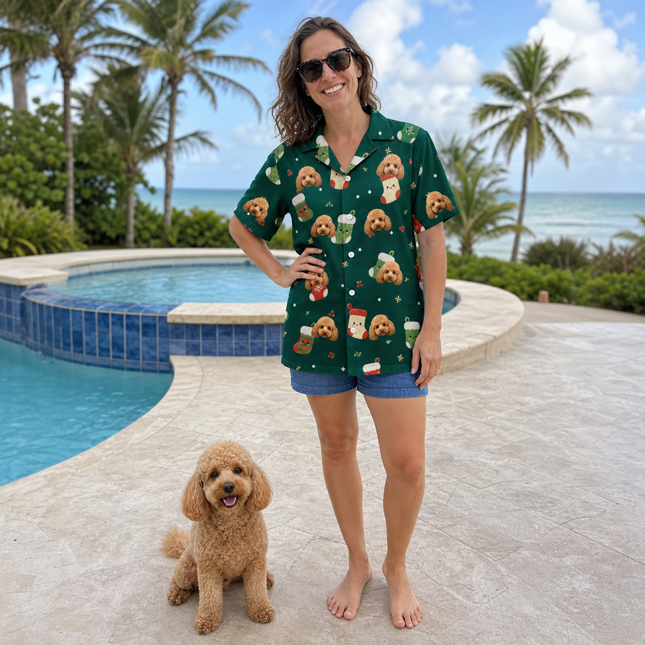 Full-length photo with the pet printed all over this Women's Chimney Cheer Custom Dog Face Hawaiian Shirt