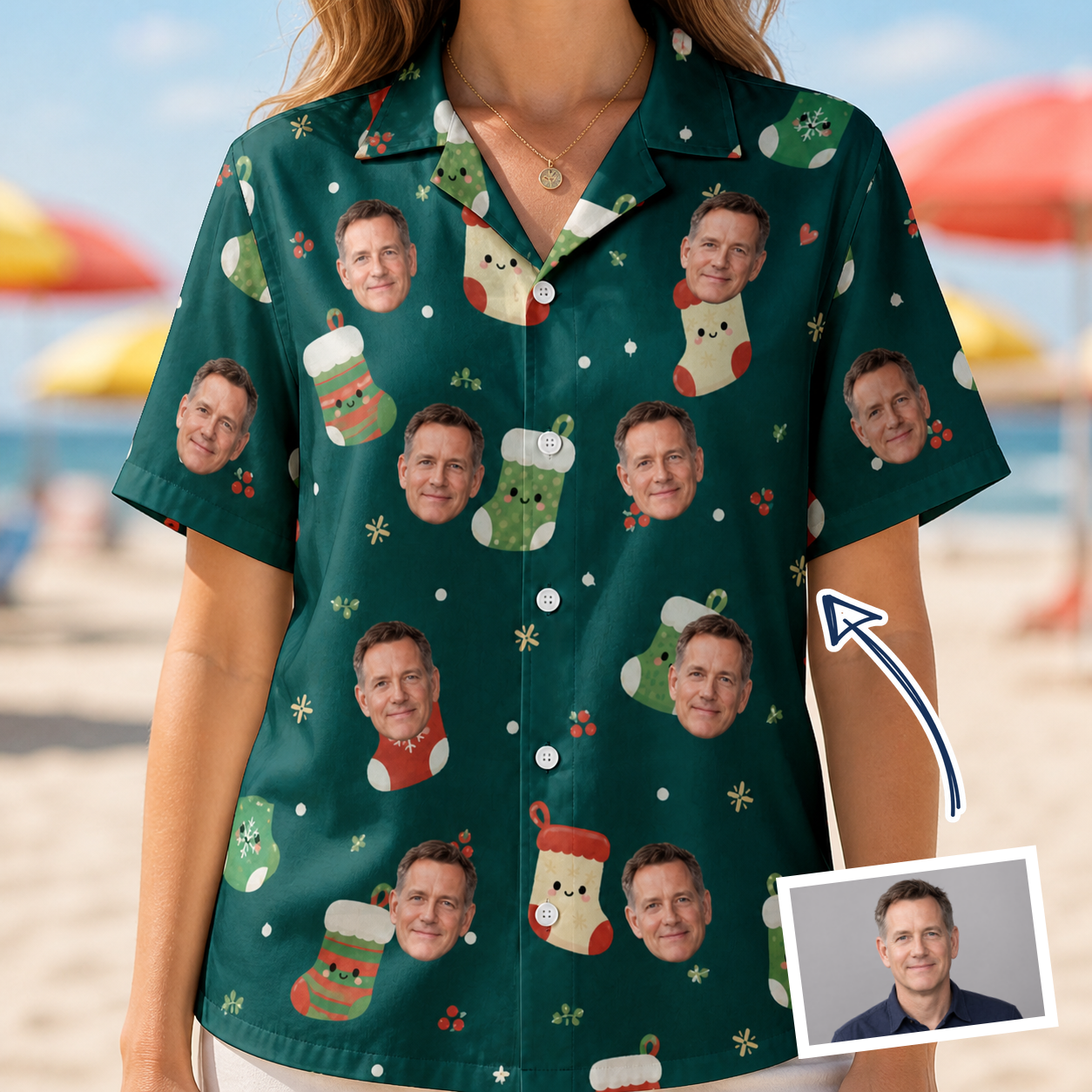 Woman wearing Women's Chimney Cheer Custom Face Hawaiian Shirt — custom faces printed all-over