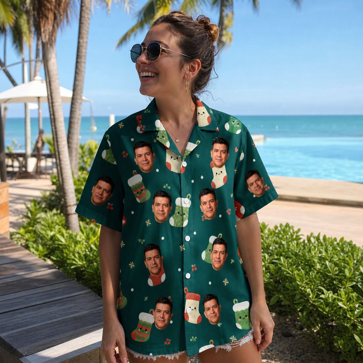 Real-life photo of someone wearing Women's Chimney Cheer Custom Face Hawaiian Shirt — custom faces printed all-over