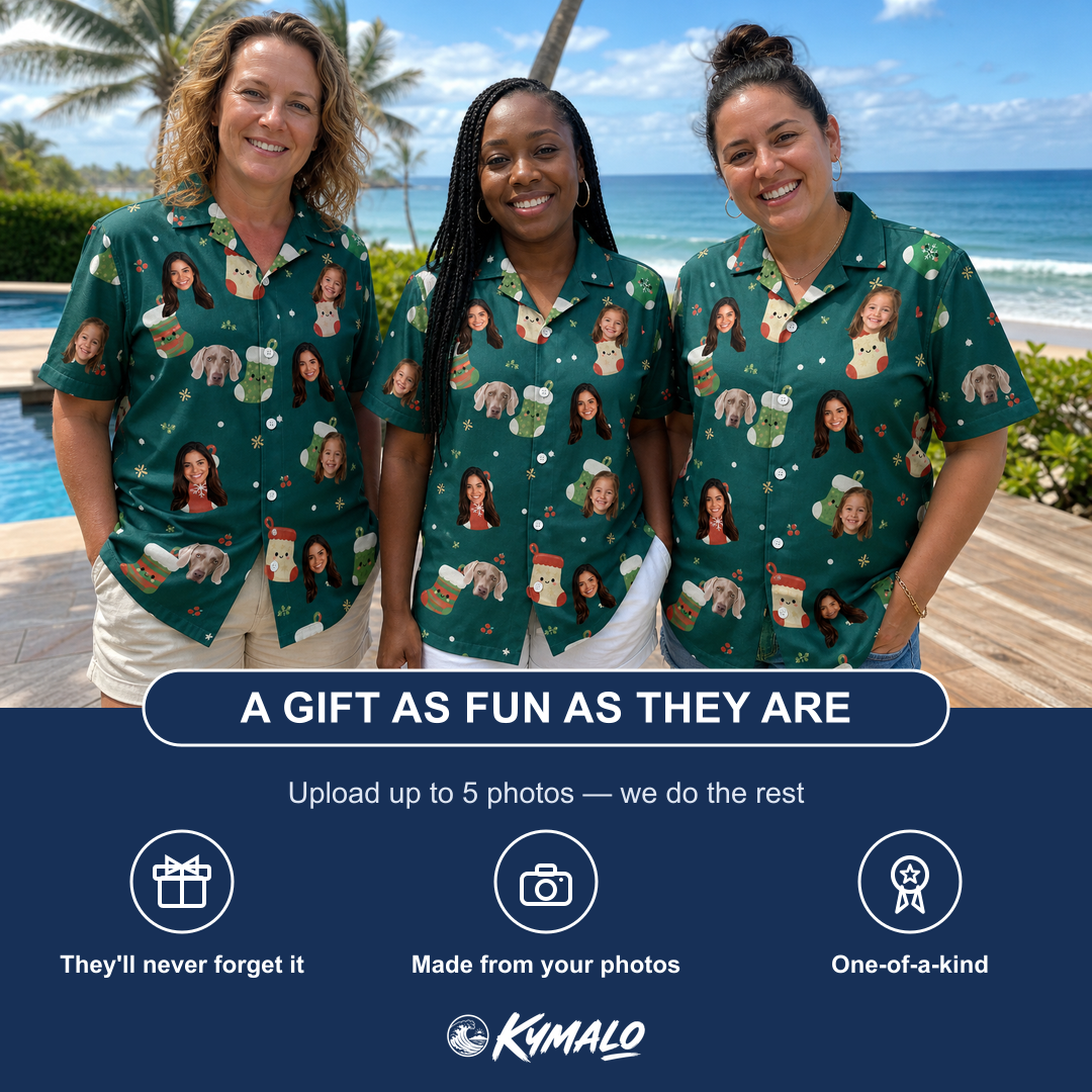 Friends in matching Women's Chimney Cheer Custom Face Hawaiian Shirt — a group gift photo