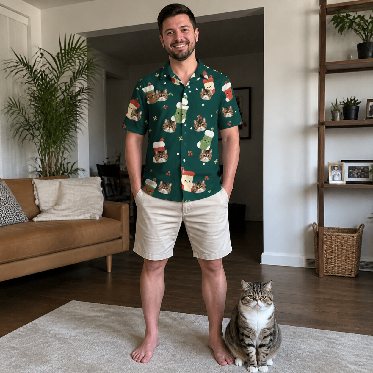 Full-length photo with the pet printed all over this Men's Chimney Cheer Custom Cat Face Polo Shirt