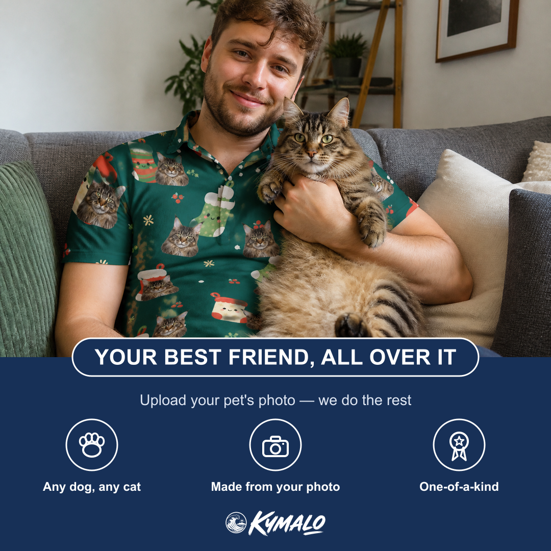 Friends in matching Men's Chimney Cheer Custom Cat Face Polo Shirt — a group gift photo