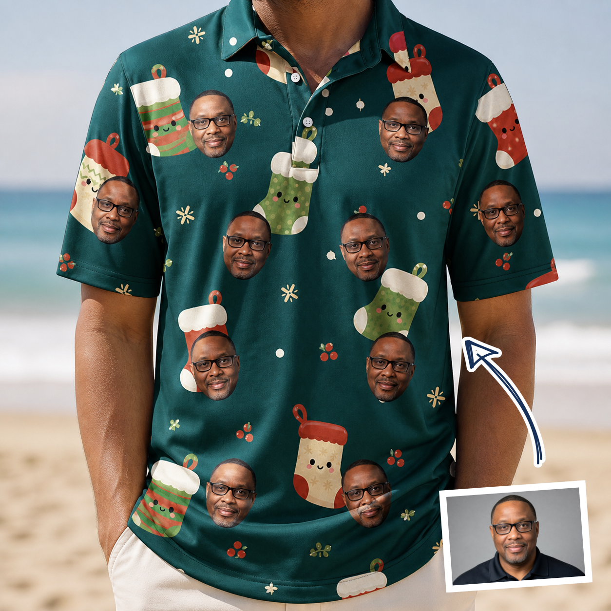 Man wearing Men's Chimney Cheer Custom Face Polo Shirt — custom faces printed all-over