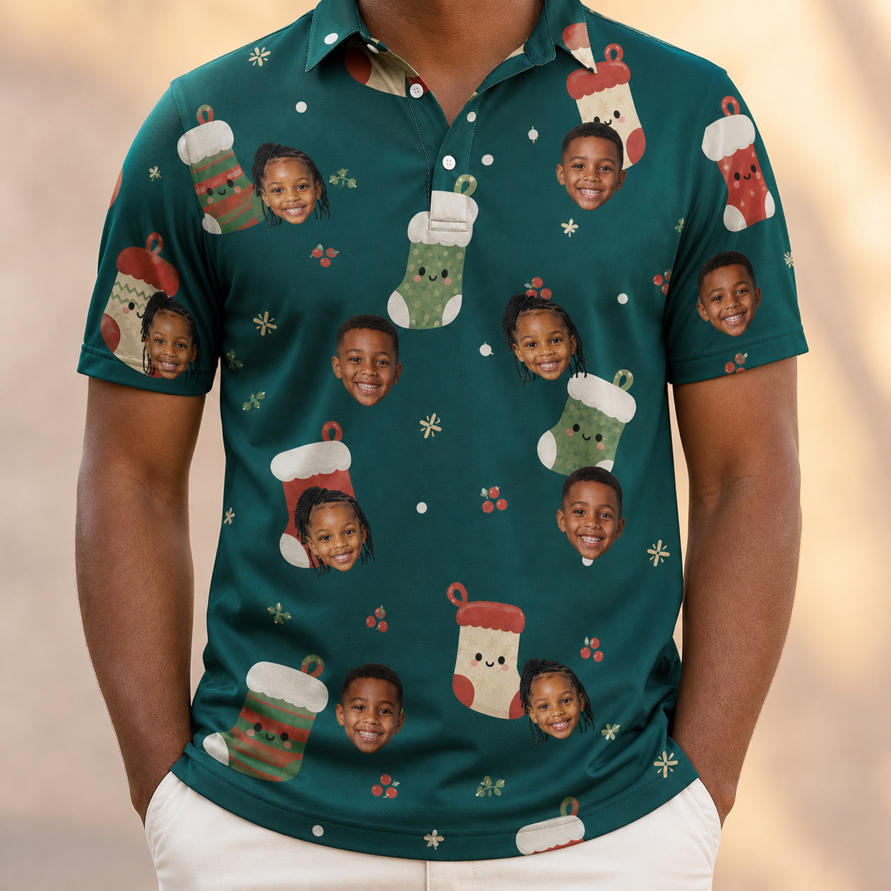 Model wearing Men's Chimney Cheer Custom Face Polo Shirt printed with kids' faces