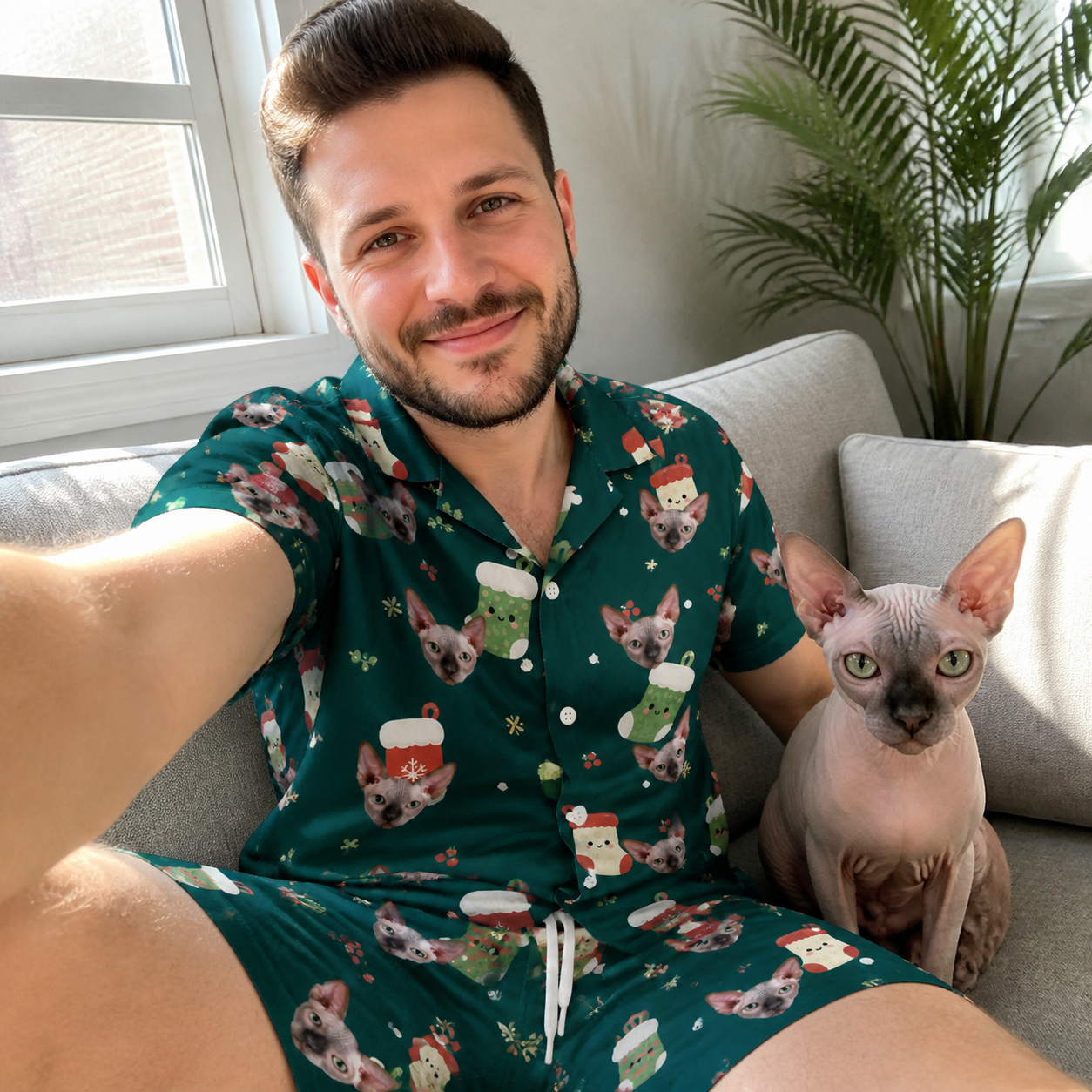 Selfie with the pet whose face is printed all over this Men's Chimney Cheer Custom Cat Face Shirt & Shorts Set