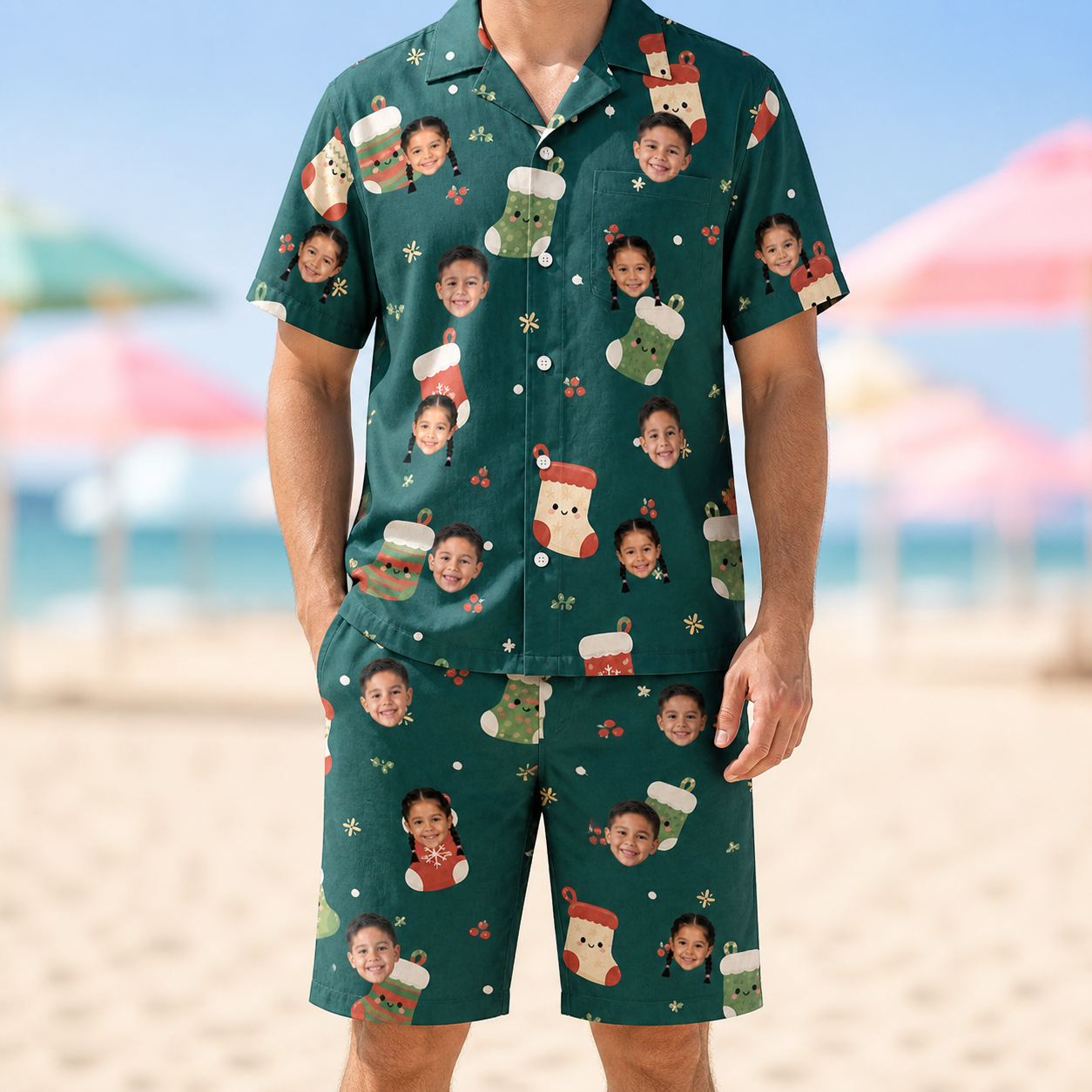 Model wearing Men's Chimney Cheer Custom Face Shirt & Shorts Set printed with kids' faces