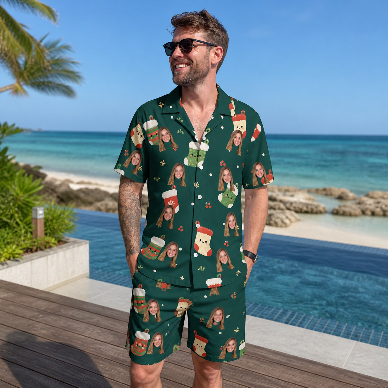 Real-life photo of someone wearing Men's Chimney Cheer Custom Face Shirt & Shorts Set — custom faces printed all-over