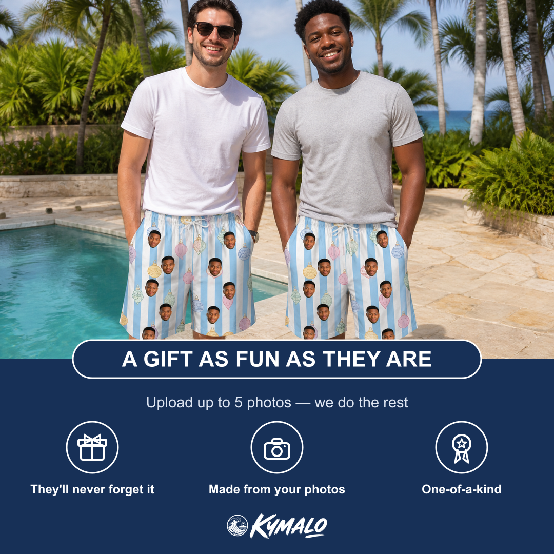 Friends in matching Men's Dazzle Drops Custom Face Beach Shorts — a group gift photo