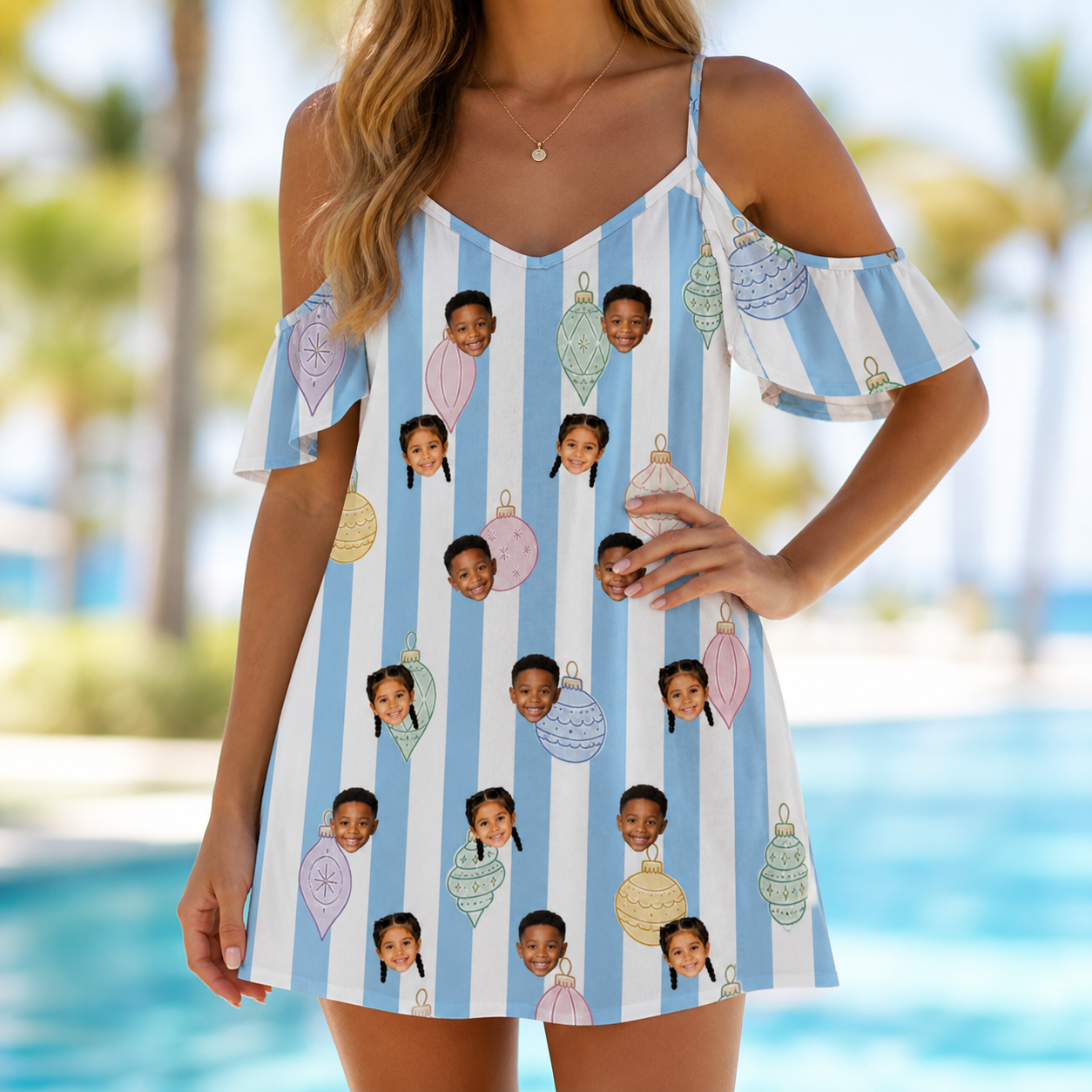 Model wearing Women's Dazzle Drops Custom Face Off-Shoulder Dress printed with kids' faces