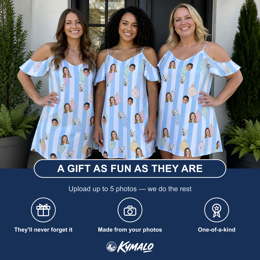 Friends in matching Women's Dazzle Drops Custom Face Off-Shoulder Dress — a group gift photo