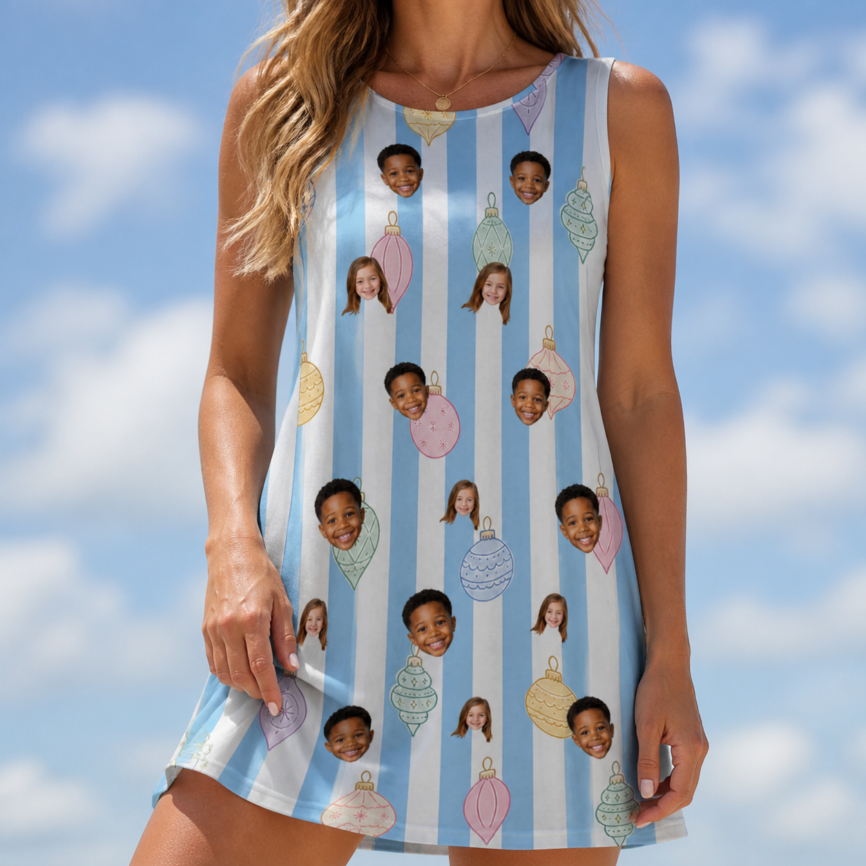Model wearing Women's Dazzle Drops Custom Face Tank Dress printed with kids' faces