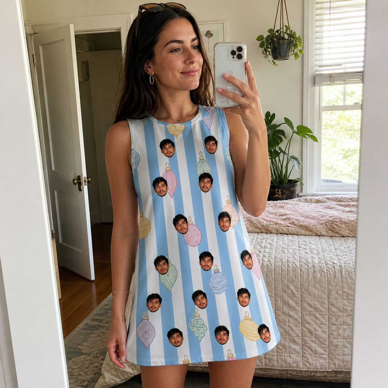 Real-life photo of someone wearing Women's Dazzle Drops Custom Face Tank Dress — custom faces printed all-over