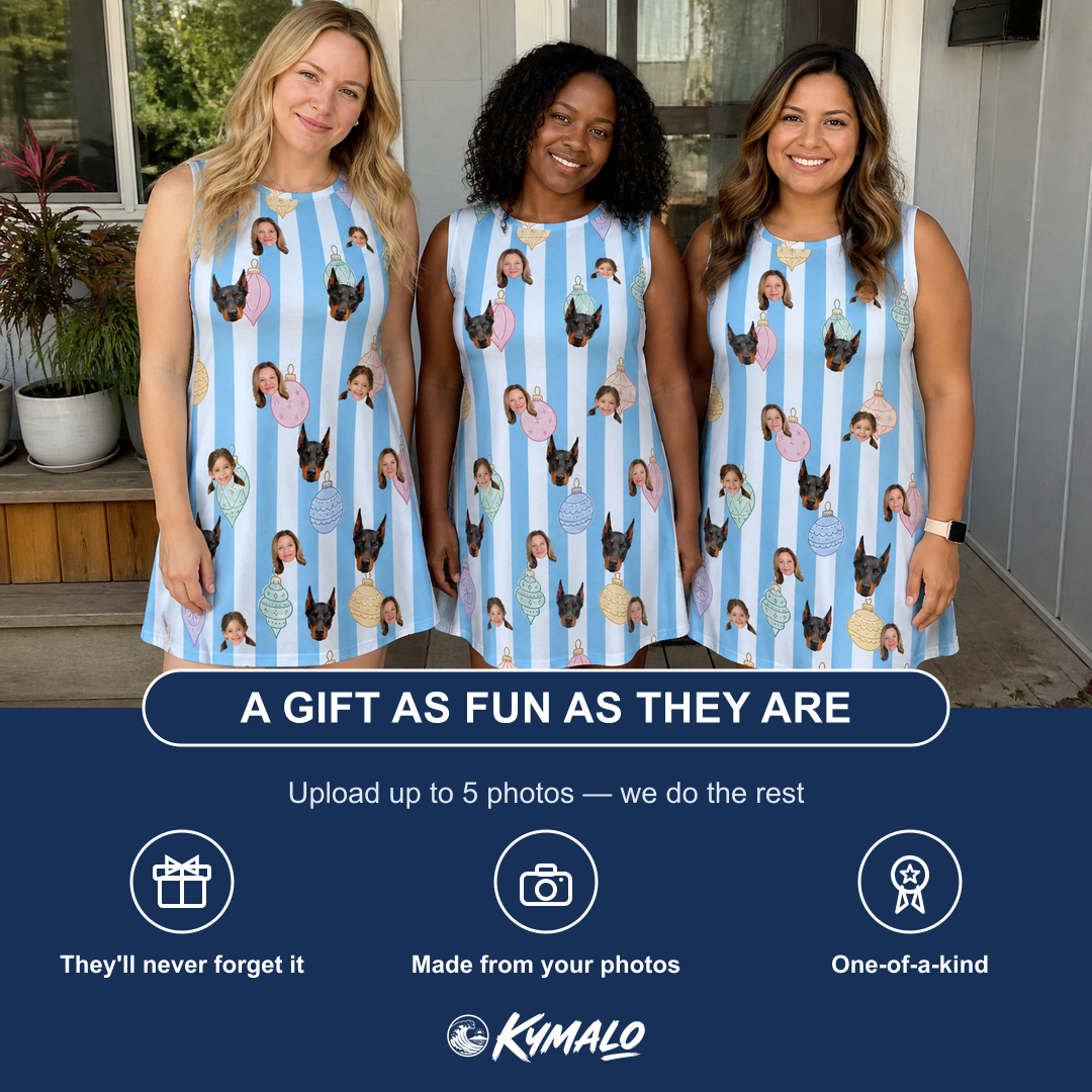 Friends in matching Women's Dazzle Drops Custom Face Tank Dress — a group gift photo