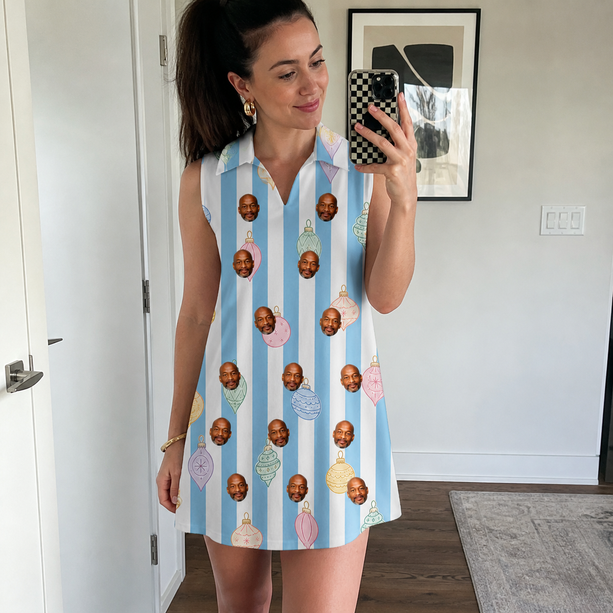 Real-life photo of someone wearing Women's Dazzle Drops Custom Face V-Neck Dress — custom faces printed all-over