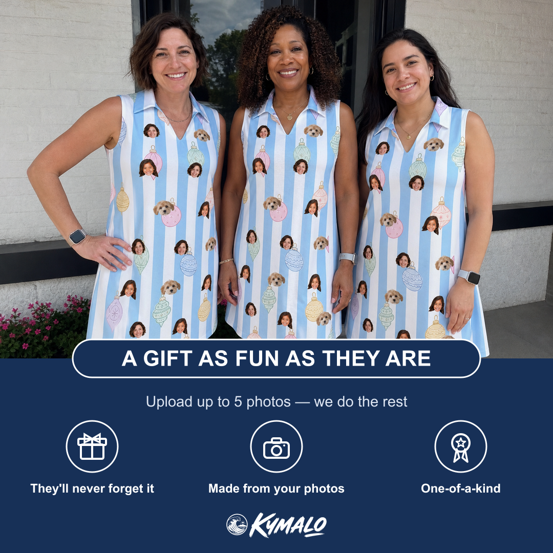 Friends in matching Women's Dazzle Drops Custom Face V-Neck Dress — a group gift photo