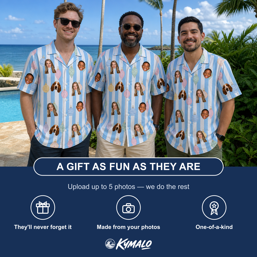 Friends in matching Men's Dazzle Drops Custom Face Hawaiian Shirt — a group gift photo