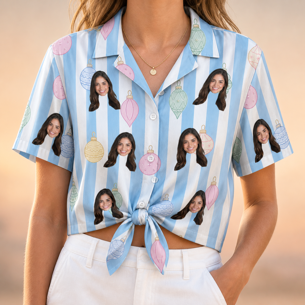 Woman wearing Women's Dazzle Drops Custom Face Hawaiian Shirt tied at the waist