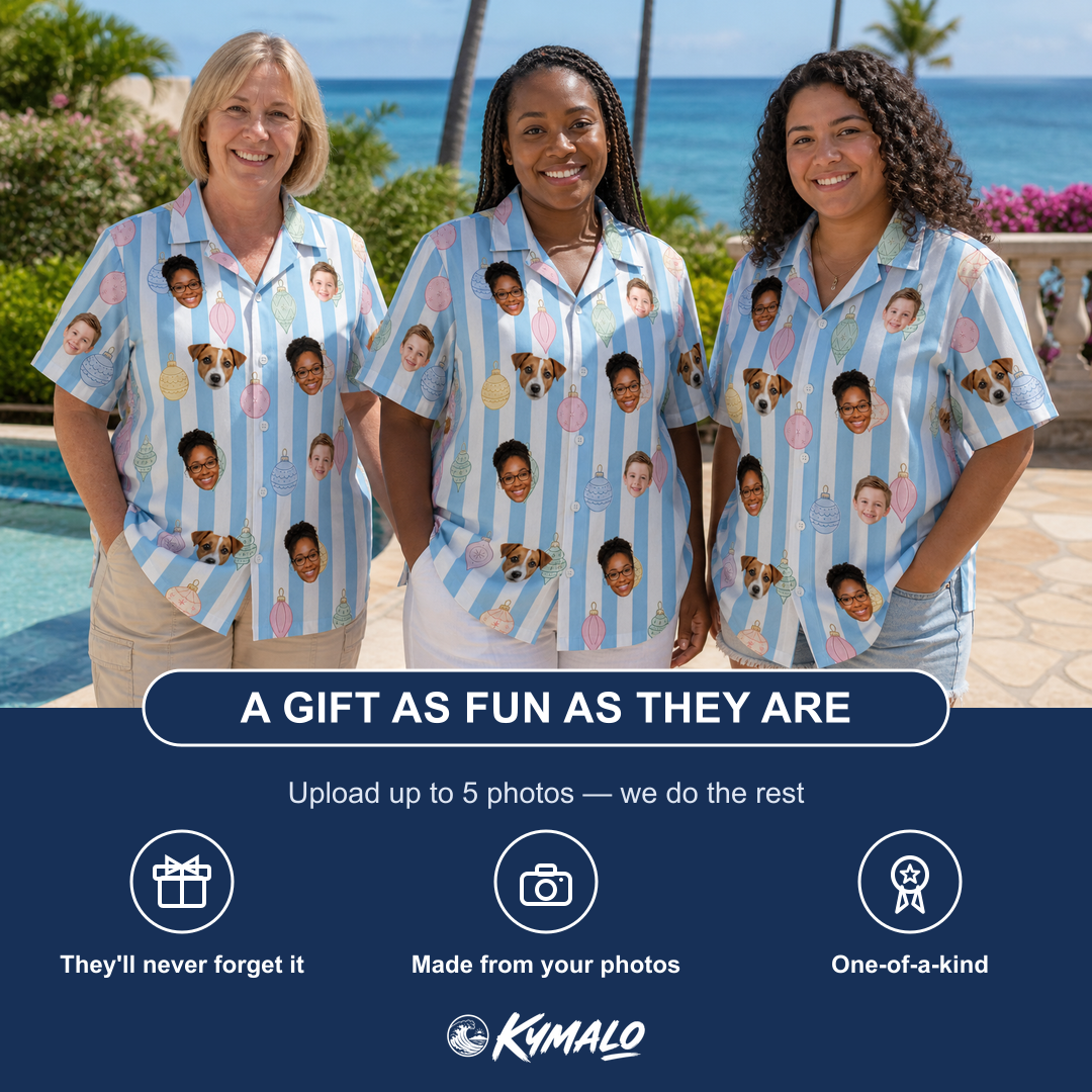 Friends in matching Women's Dazzle Drops Custom Face Hawaiian Shirt — a group gift photo