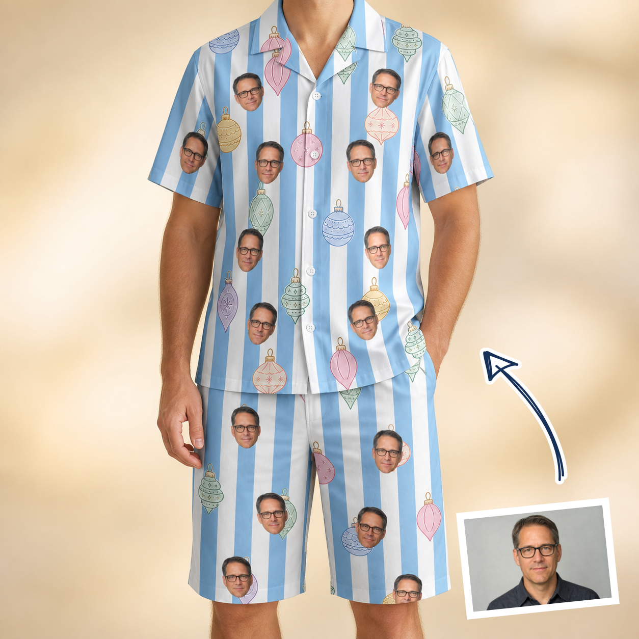 Man wearing Men's Dazzle Drops Custom Face Shirt & Shorts Set — custom faces printed all-over