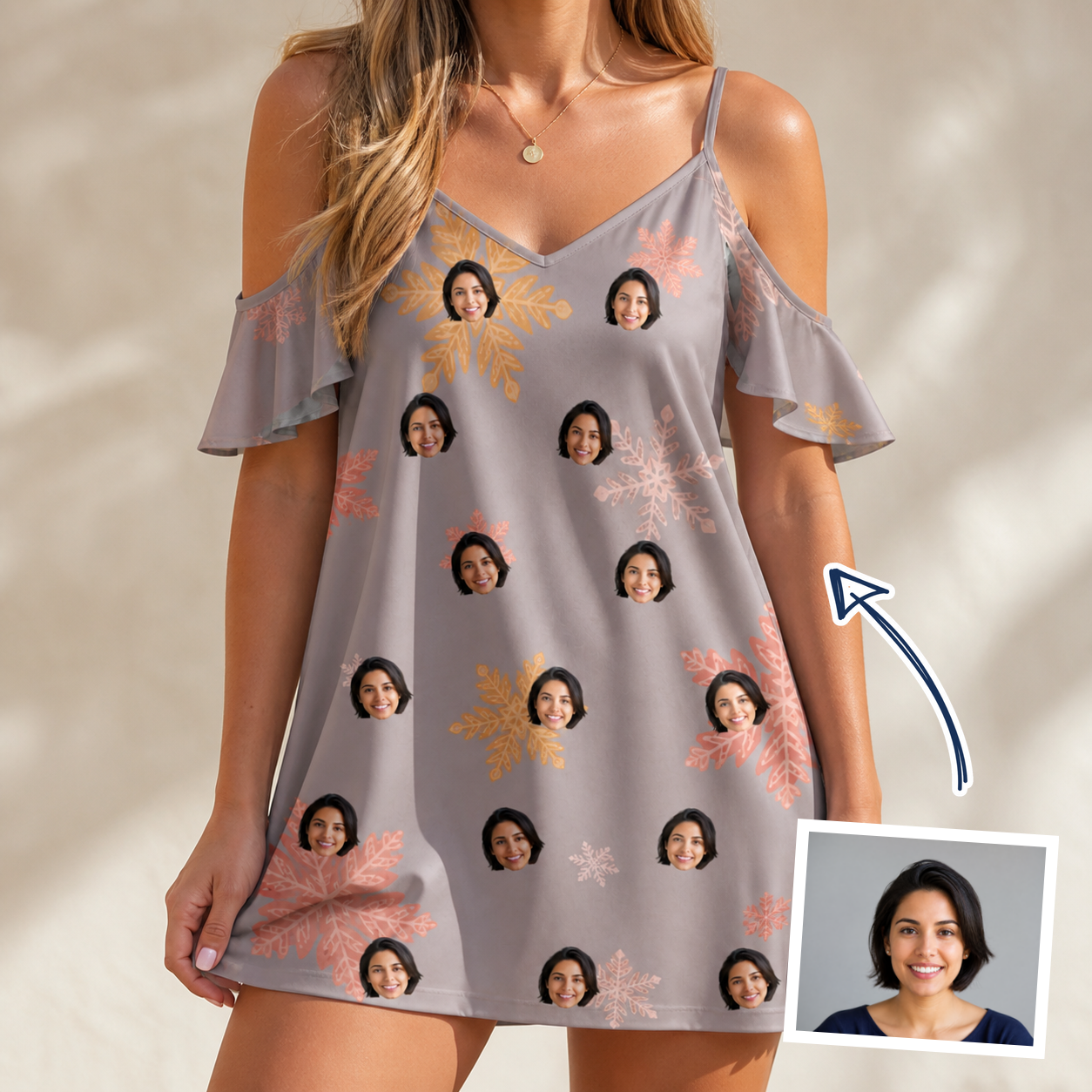 Woman wearing Women's Flurry Fanfare Custom Face Off-Shoulder Dress — custom faces printed all-over
